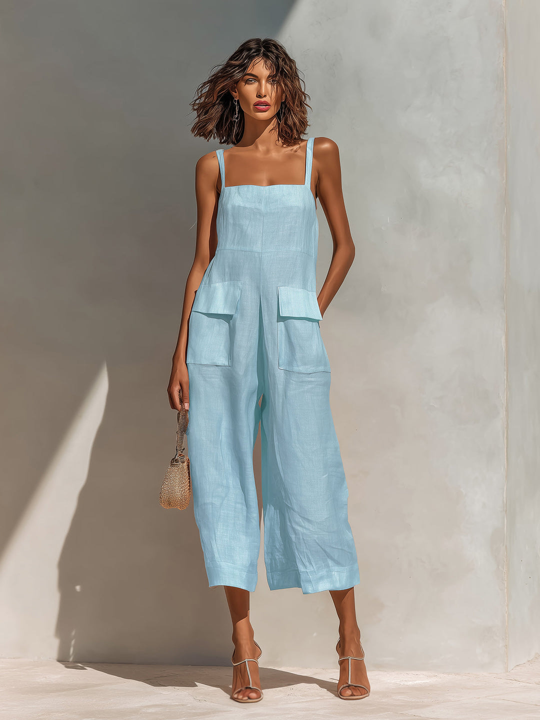 ElevenOra Chic Elegant Pink Cotton Linen Blend Thin Straps Sleeveless  Patch Pockets Loose-Fit Wide-Leg Cropped Jumpsuit