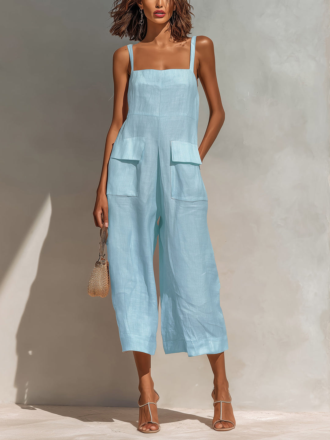 ElevenOra Chic Elegant Pink Cotton Linen Blend Thin Straps Sleeveless  Patch Pockets Loose-Fit Wide-Leg Cropped Jumpsuit