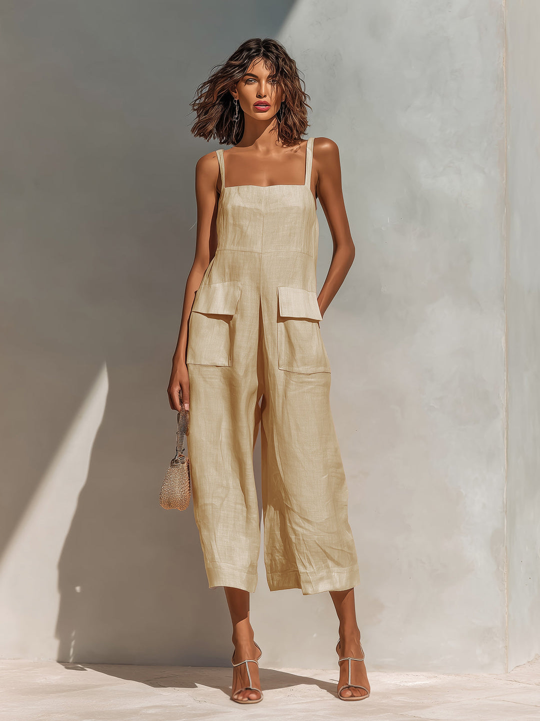 ElevenOra Chic Elegant Pink Cotton Linen Blend Thin Straps Sleeveless  Patch Pockets Loose-Fit Wide-Leg Cropped Jumpsuit
