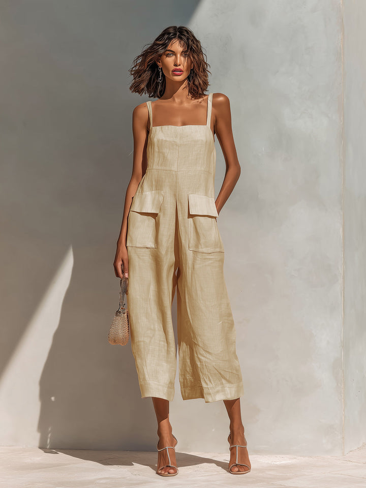 ElevenOra Chic Elegant Pink Cotton Linen Blend Thin Straps Sleeveless  Patch Pockets Loose-Fit Wide-Leg Cropped Jumpsuit