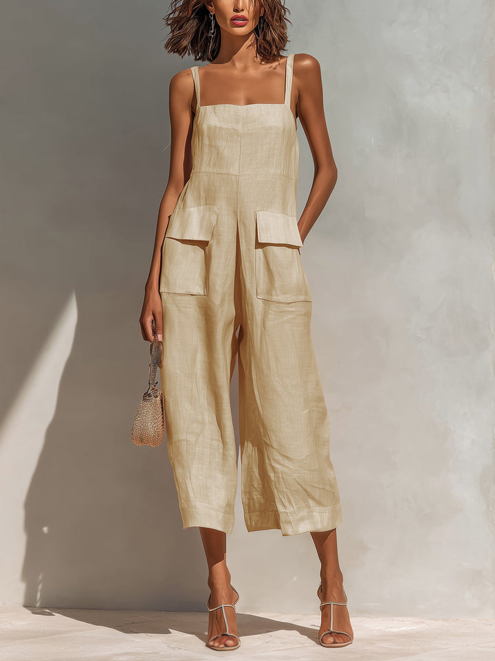 ElevenOra Chic Elegant Pink Cotton Linen Blend Thin Straps Sleeveless  Patch Pockets Loose-Fit Wide-Leg Cropped Jumpsuit