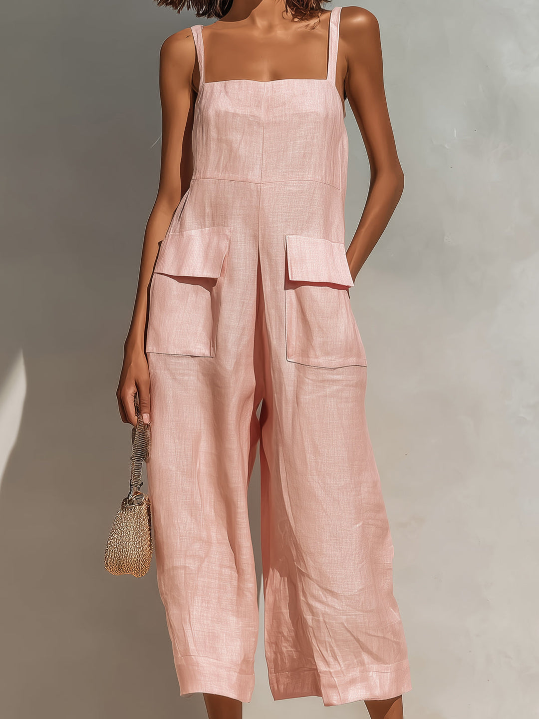 ElevenOra Chic Elegant Pink Cotton Linen Blend Thin Straps Sleeveless  Patch Pockets Loose-Fit Wide-Leg Cropped Jumpsuit