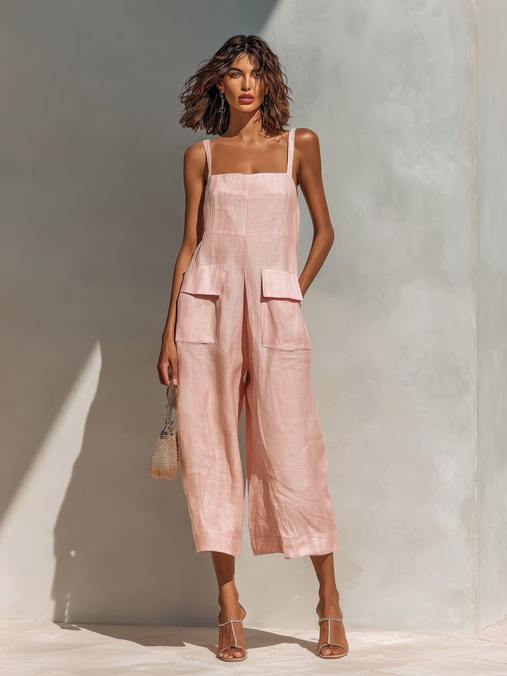 ElevenOra Chic Elegant Pink Cotton Linen Blend Thin Straps Sleeveless  Patch Pockets Loose-Fit Wide-Leg Cropped Jumpsuit