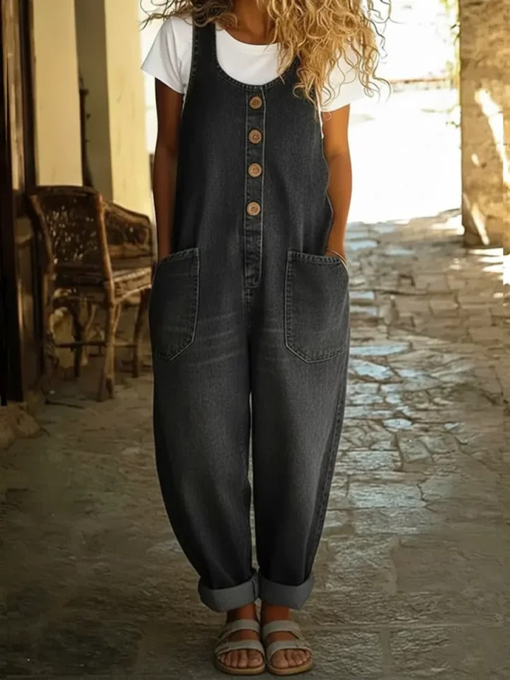 Women's Sleeveless Cotton Denim Look Jumpsuit