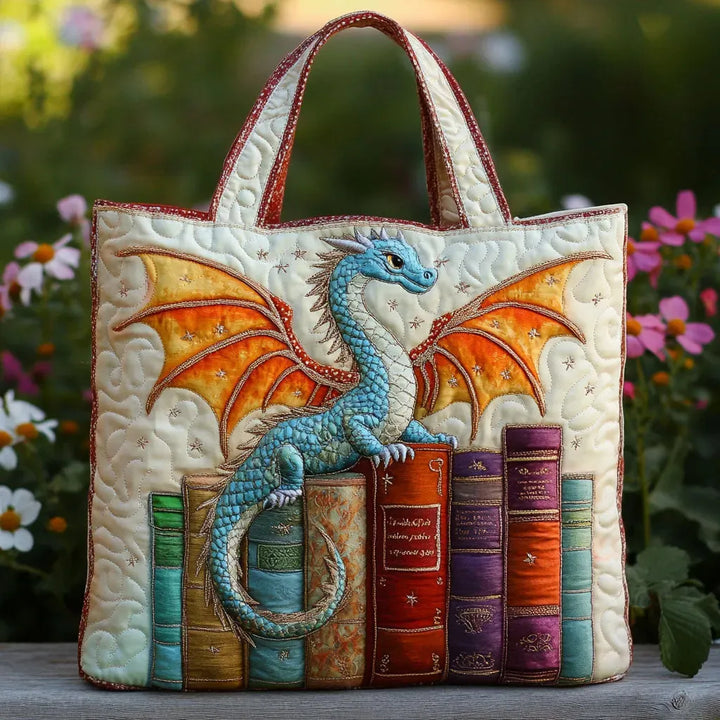 Quilted Tote Bag - Emerald Dragon Guardian of Books