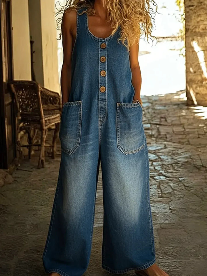 Women's Sleeveless Cotton Denim Look Jumpsuit
