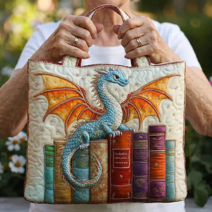Quilted Tote Bag - Emerald Dragon Guardian of Books